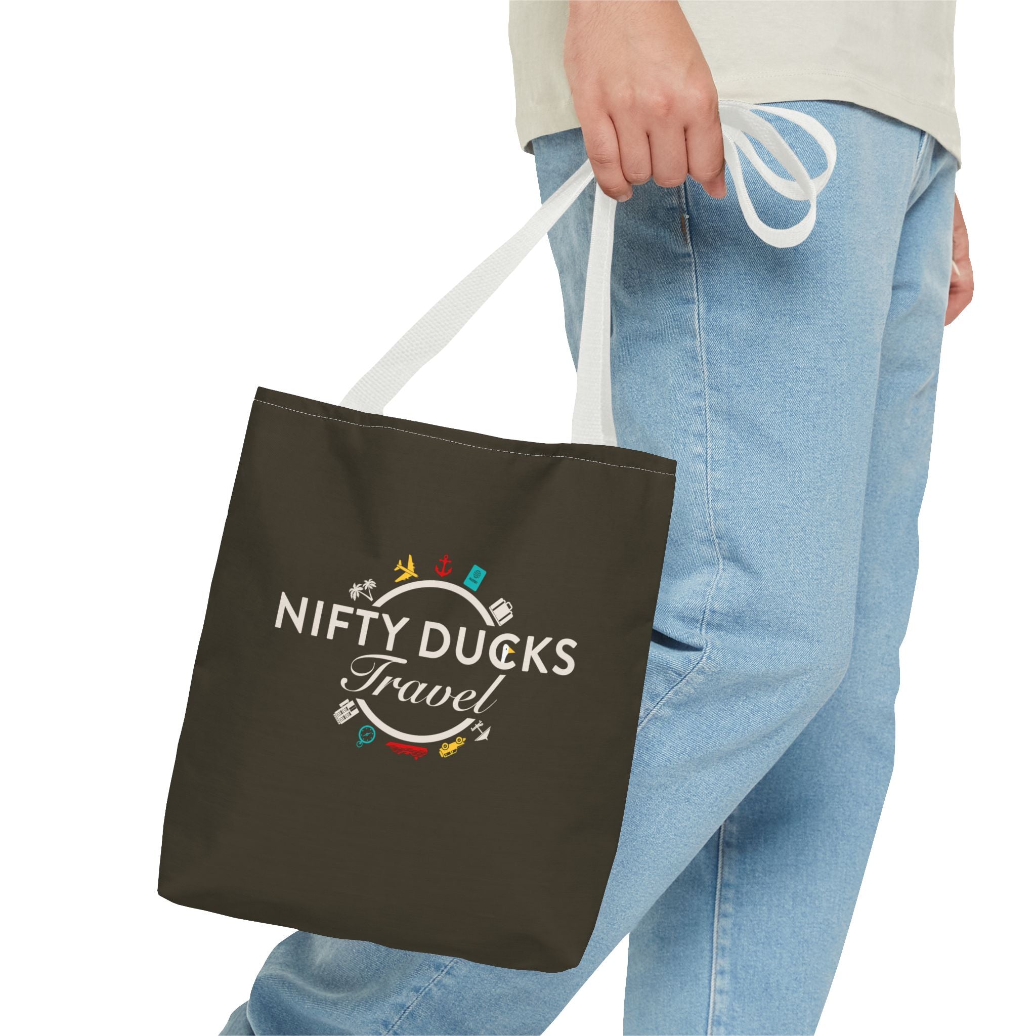 Nifty Ducks Travel Logo - Travel Tote Bag - Signature Brown Background - Beach & Weekend Carryall