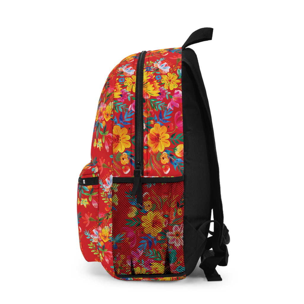 Bright Watercolor Flowers Backpack - Travel Bag with Black Duck Design - Scarlet