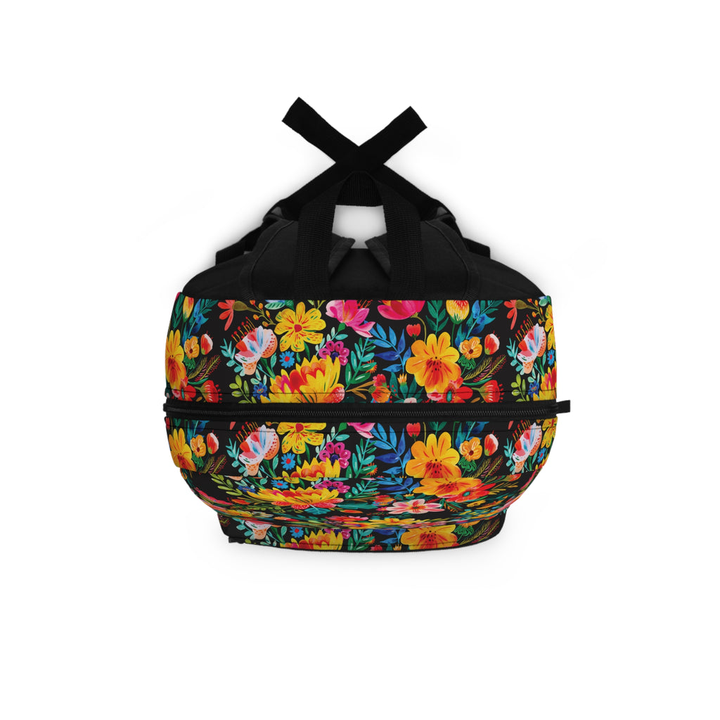 Bright Watercolor Flowers Backpack - Travel Bag with Black Duck Design - Black