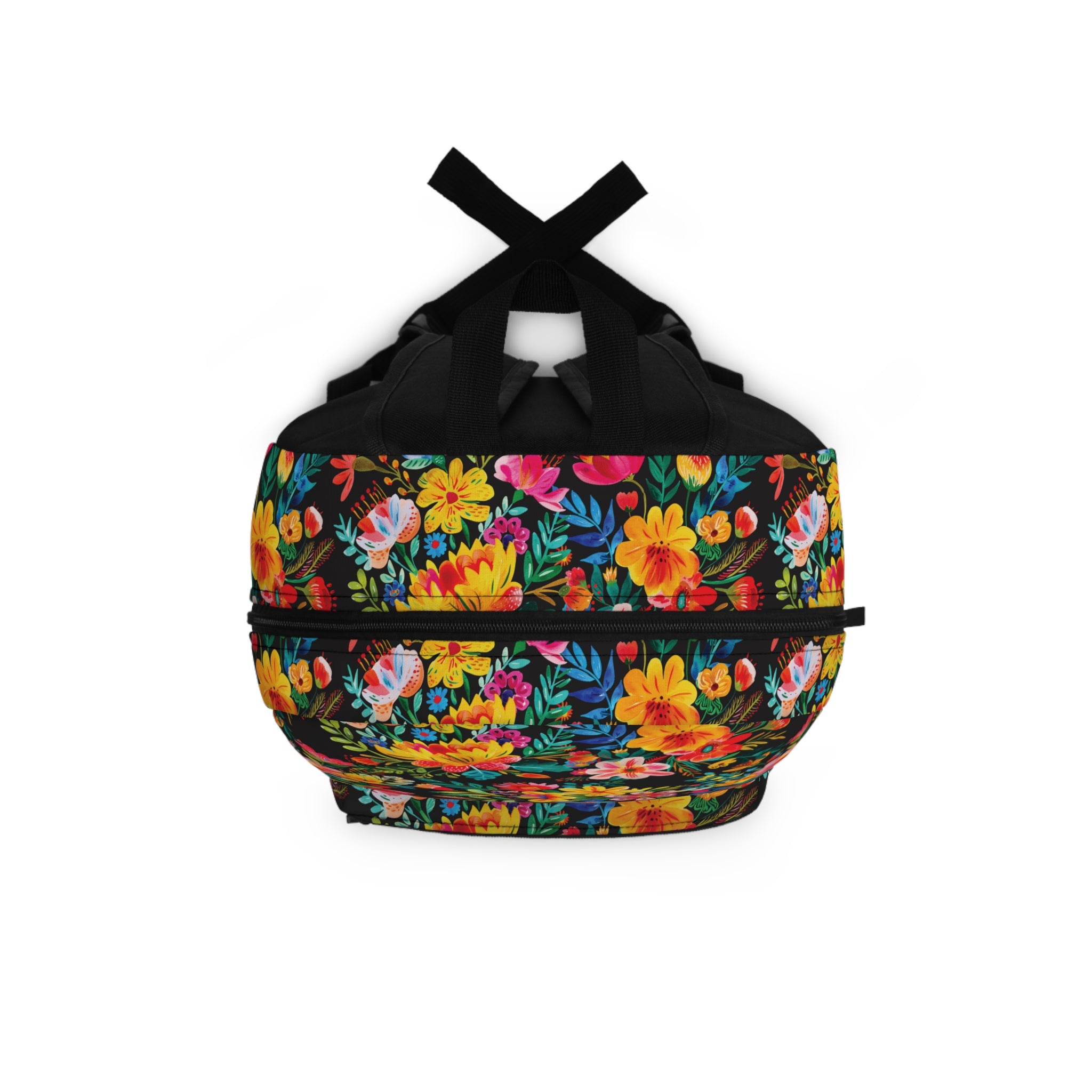 Bright Watercolor Flowers Backpack - Travel Bag with Black Duck Design - Black