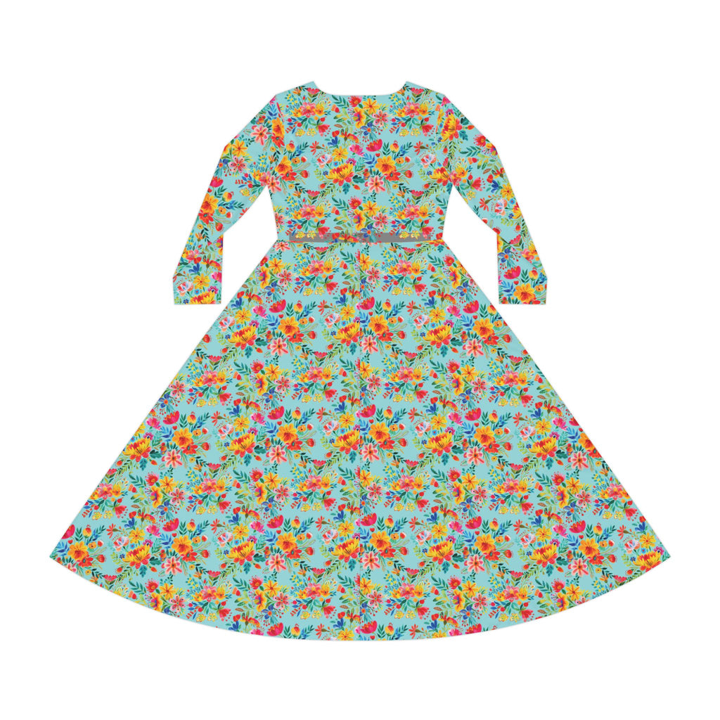 Elegant Women's Long Sleeve Dance Dress - Bright Bold Watercolors Flowers - Electric Blue