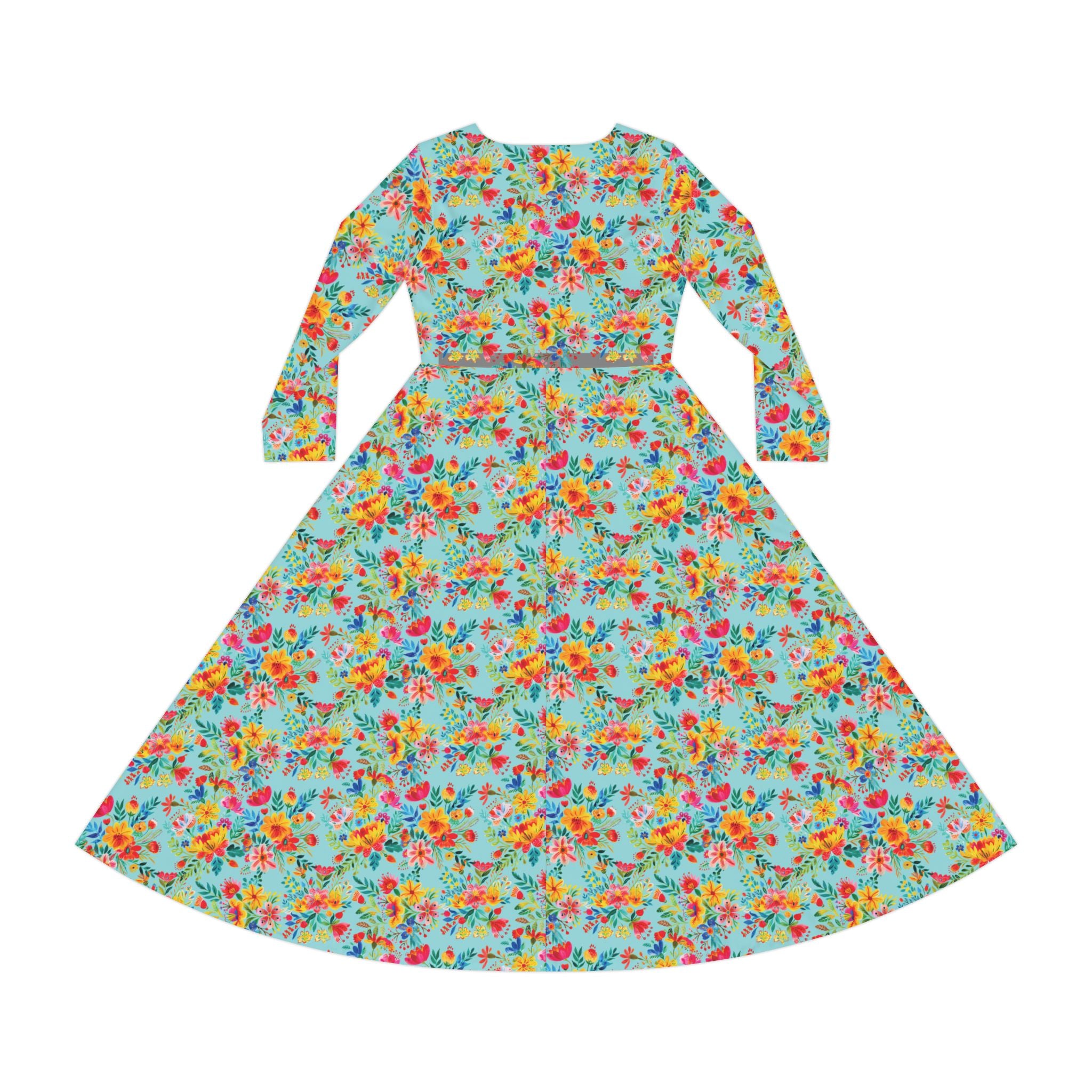 Elegant Women's Long Sleeve Dance Dress - Bright Bold Watercolors Flowers - Electric Blue