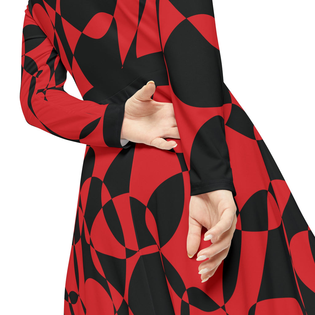 Elegant Women's Long Sleeve Dance Dress - Scarlet Synphony & Black Geometric Pattern