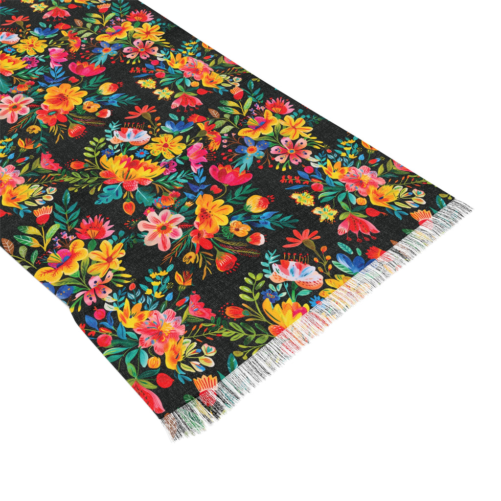 Bright Watercolor Flowers - BIG print - Black - Scarf - Lightweight Shawl, Perfect for Outdoor Events, Mothers Day Gift