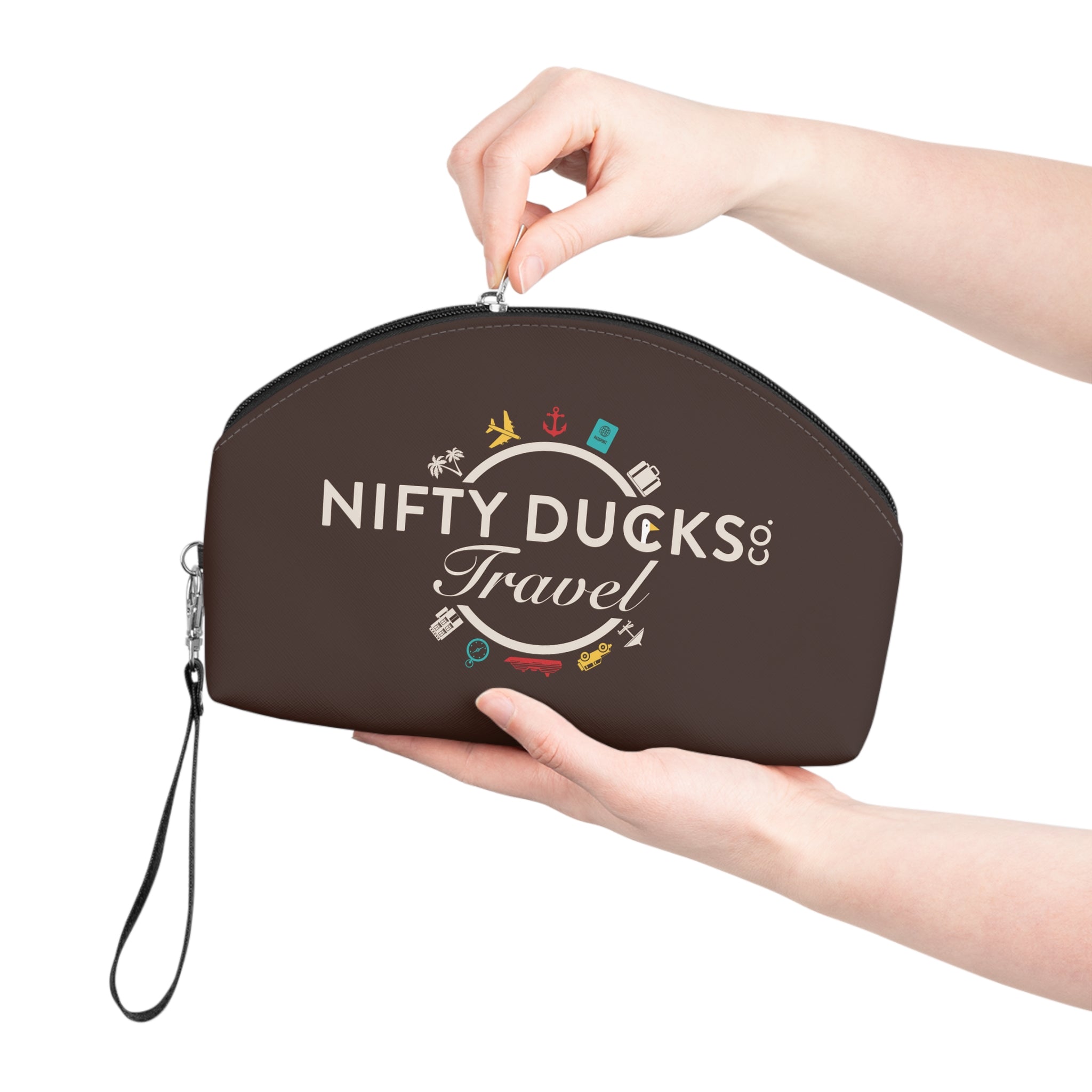 Nifty Ducks Travel Logo - Makeup Bag - Fun & Functional Travel Accessory - Espresso