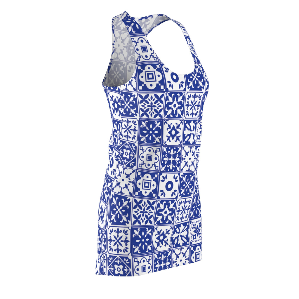 Mediterraneo Mosaic - Blue - Big Print -  Racerback Dress for Summer Fun, Beach Wear, Vacation Style, Party Outfit, Ladies Sundress