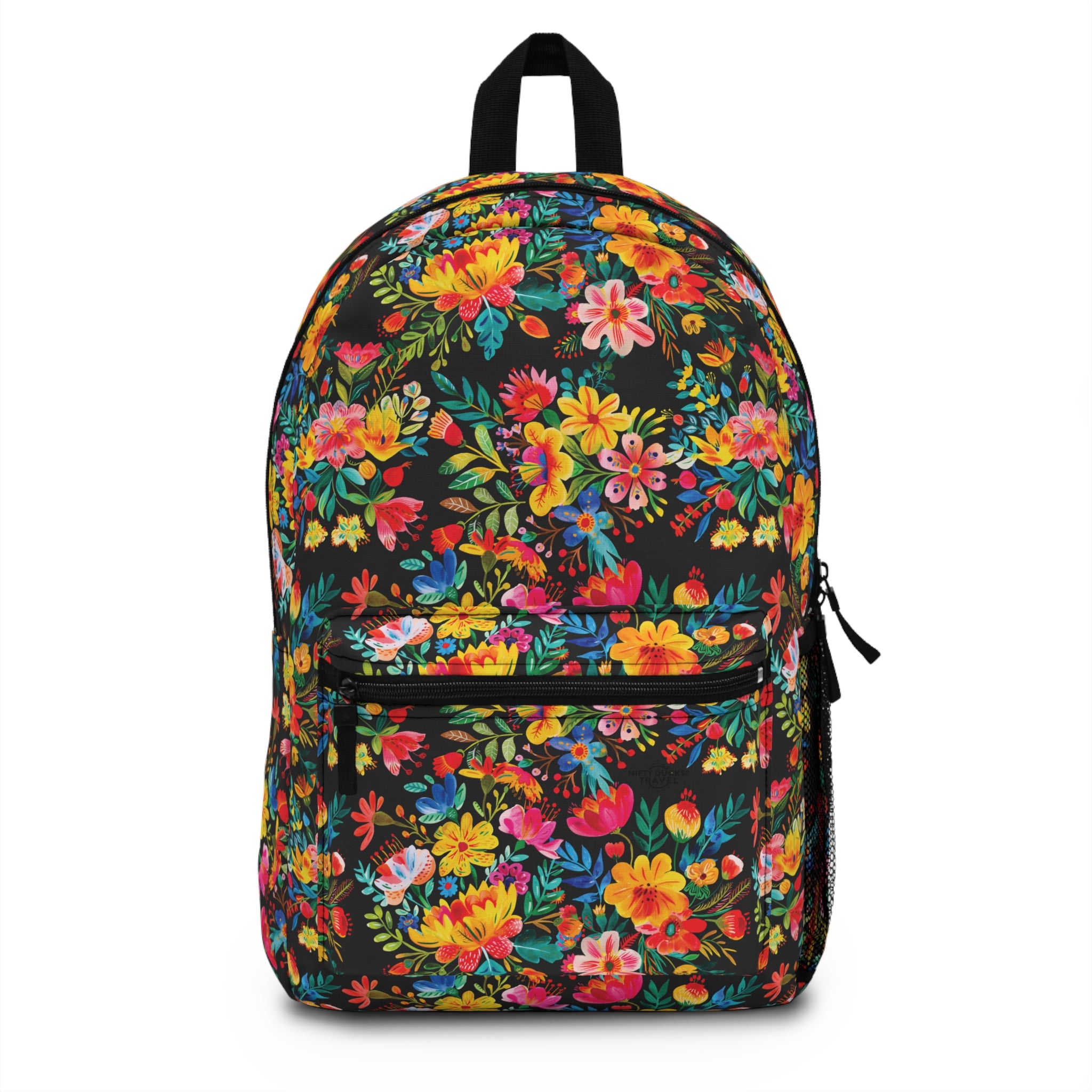 Bright Watercolor Flowers Backpack - Travel Bag with Black Duck Design - Black