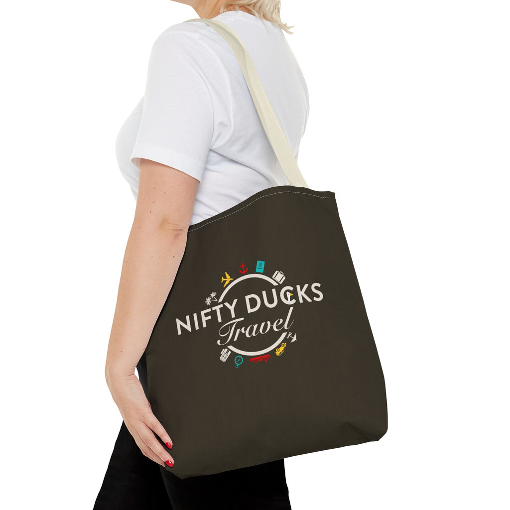 Nifty Ducks Travel Logo - Travel Tote Bag - Signature Brown Background - Beach & Weekend Carryall
