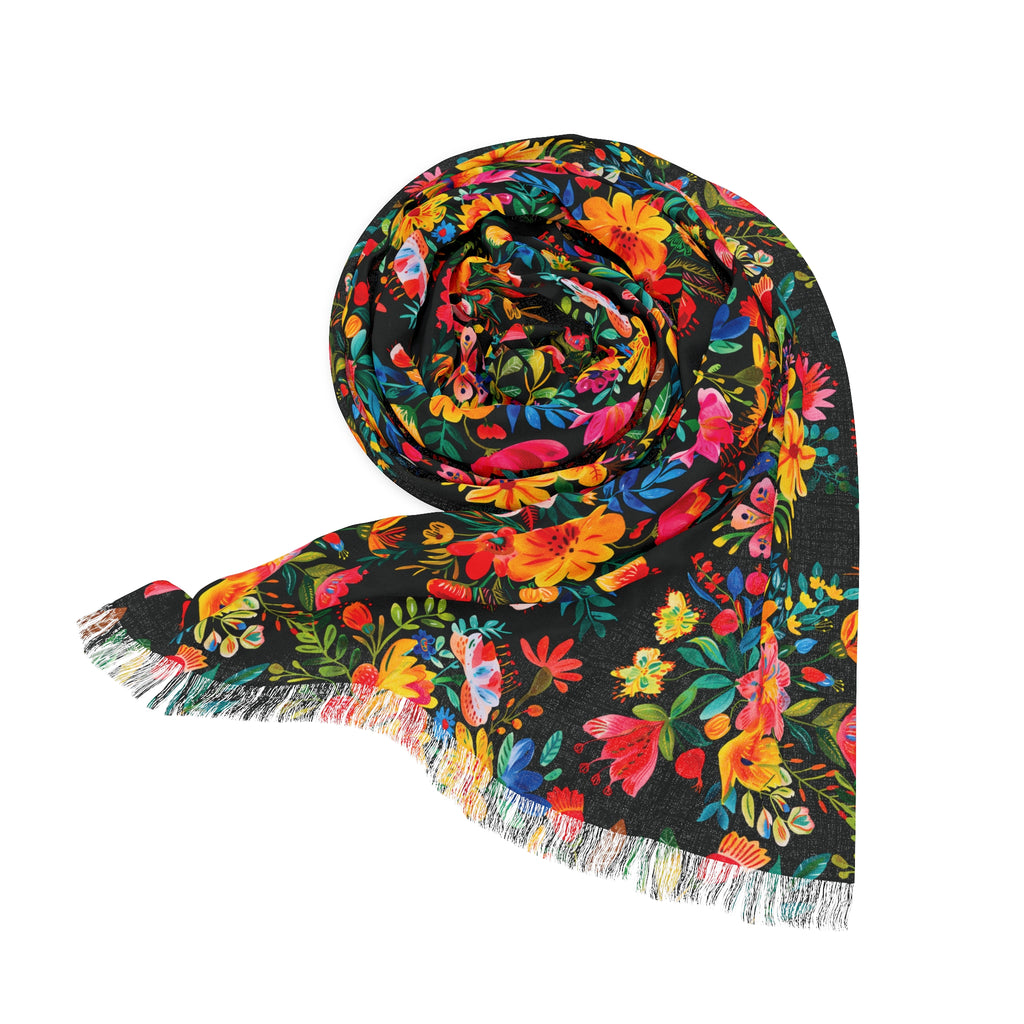 Bright Watercolor Flowers - BIG print - Black - Scarf - Lightweight Shawl, Perfect for Outdoor Events, Mothers Day Gift