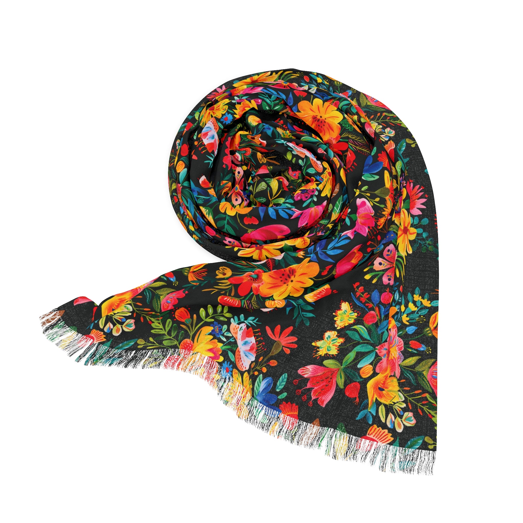 Bright Watercolor Flowers - BIG print - Black - Scarf - Lightweight Shawl, Perfect for Outdoor Events, Mothers Day Gift