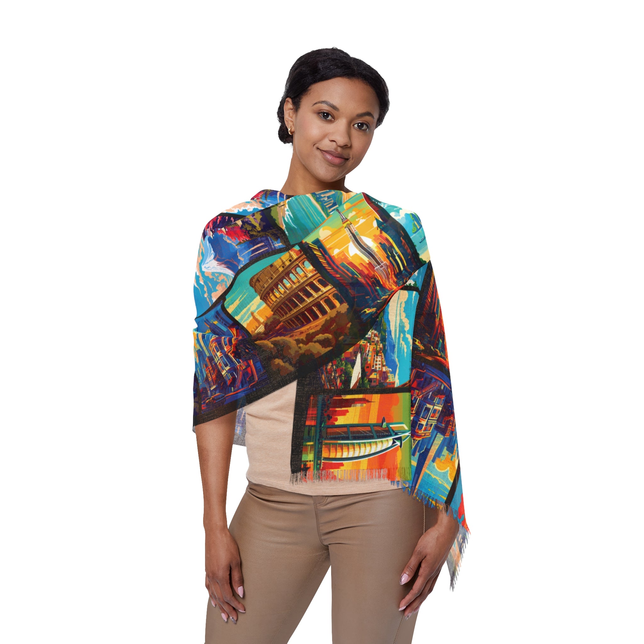 Cities and Landmarks - Big Print - Black - Scarf - Lightweight Shawl, Perfect for Outdoor Events, Mothers Day Gift