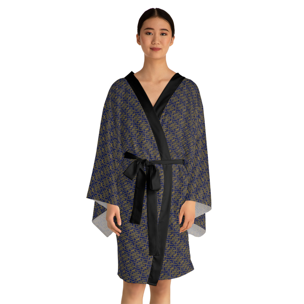 Linea Moda - Small print - Long Sleeve Kimono Robe - Midnight Mallard - Gold - Chic Loungewear, Spa Outfit, Gift for Her, Inner Peace, Home Comfort