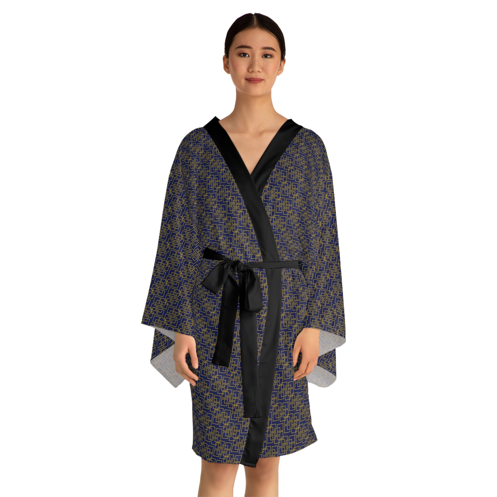 Linea Moda - Small print - Long Sleeve Kimono Robe - Midnight Mallard - Gold - Chic Loungewear, Spa Outfit, Gift for Her, Inner Peace, Home Comfort