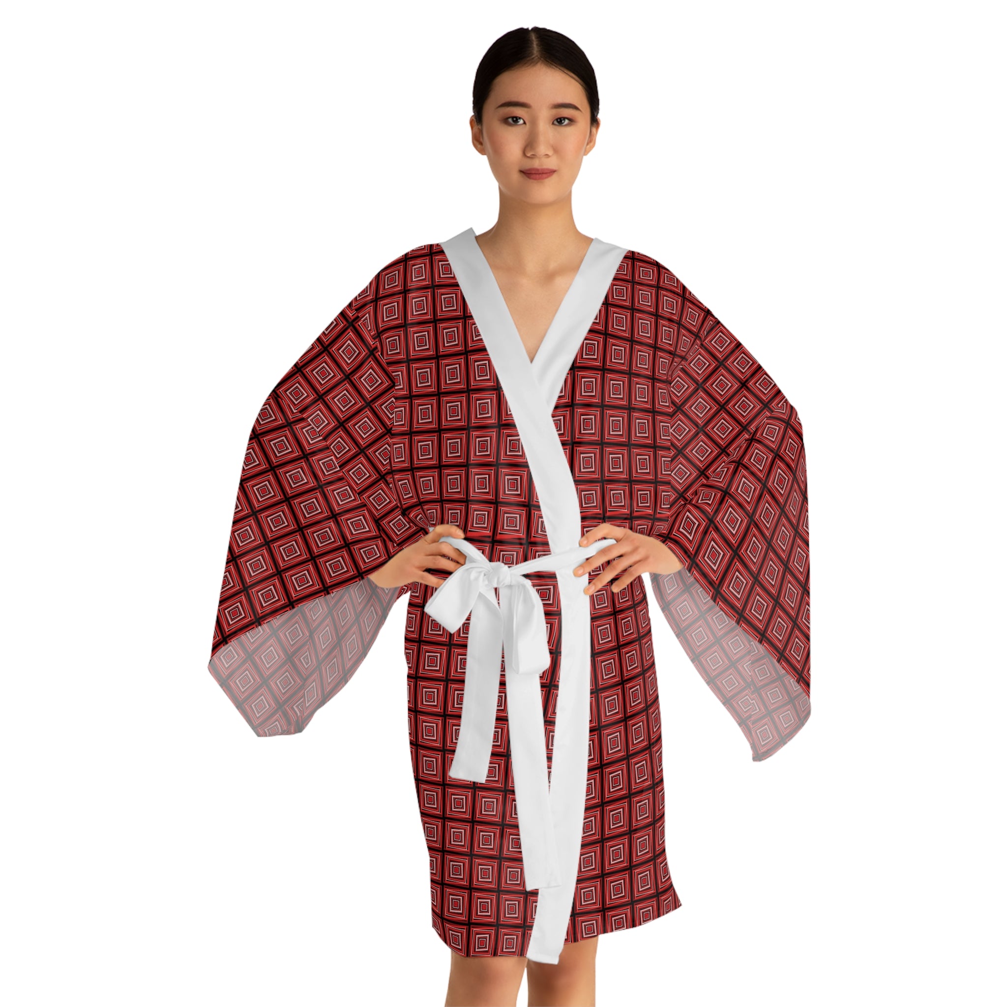 Monochromatic Squares - Red - Long Sleeve Kimono Robe - Chic Loungewear, Spa Outfit, Gift for Her, Inner Peace, Home Comfort