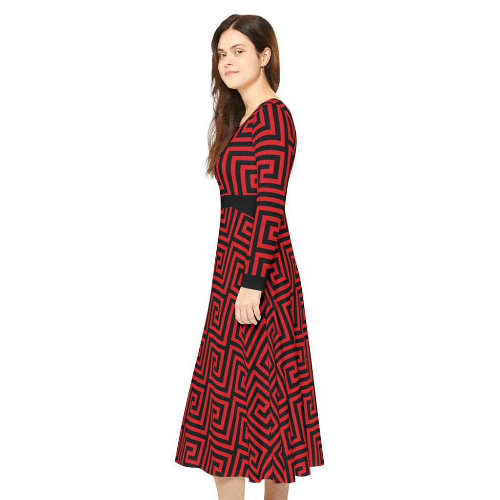 Elegant Women's Long Sleeve Dance Dress - Red & Black Geometric Pattern
