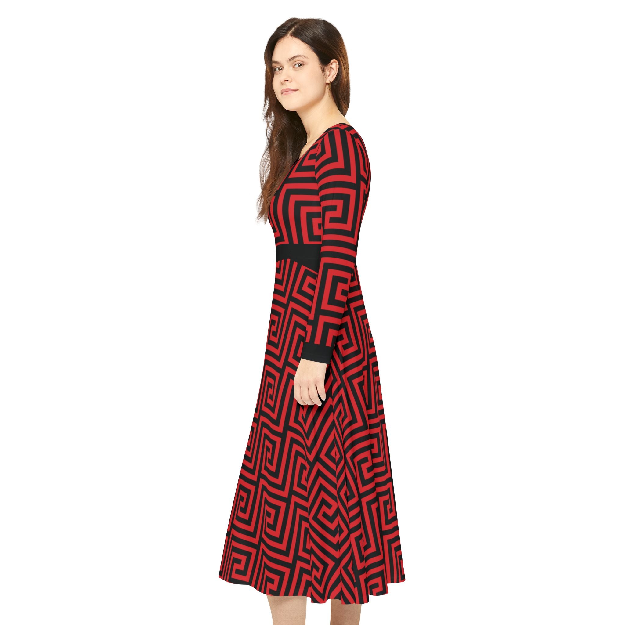 Elegant Women's Long Sleeve Dance Dress - Red & Black Geometric Pattern