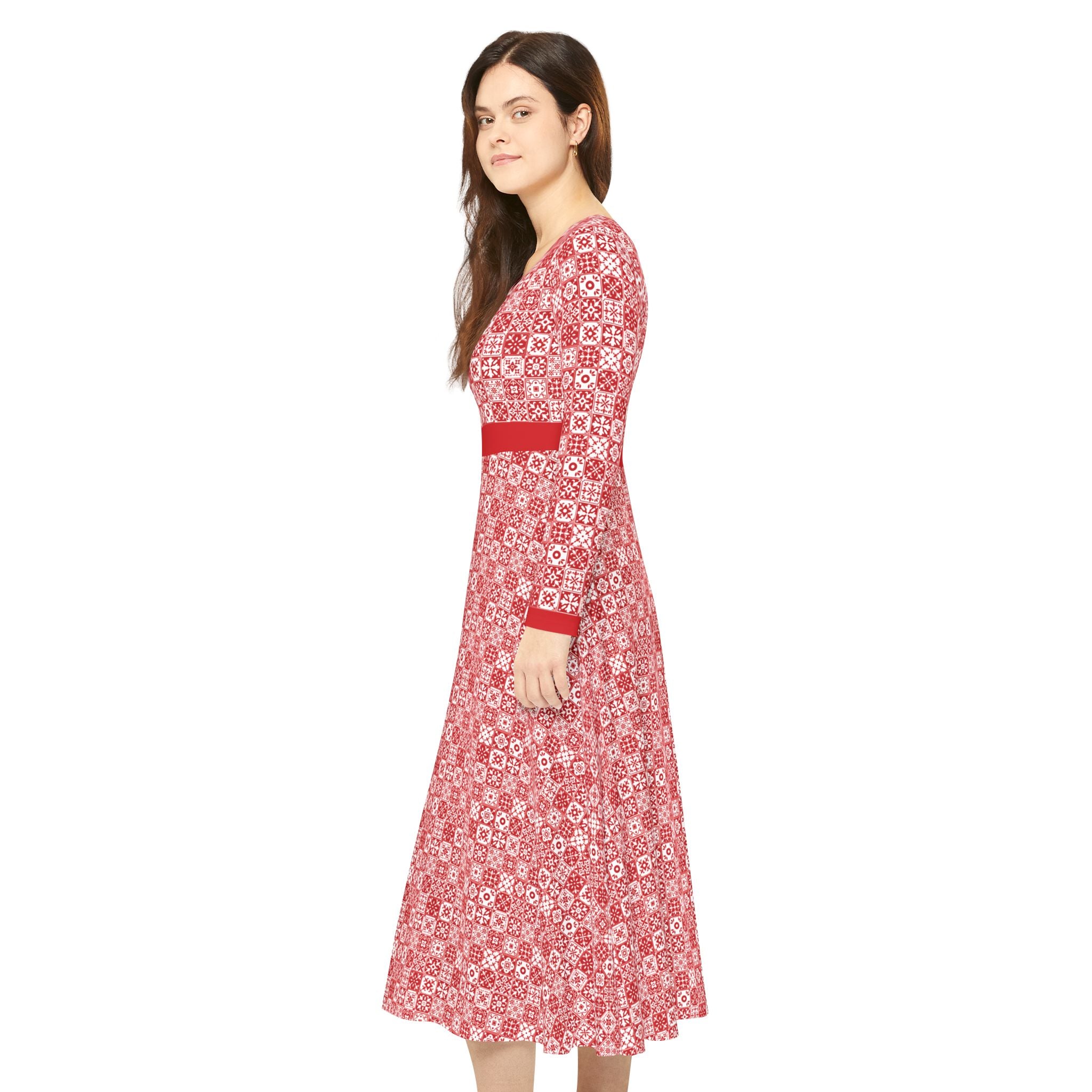 Elegant Women's Long Sleeve Dance Dress - Mediterraneo Mosaic - Red