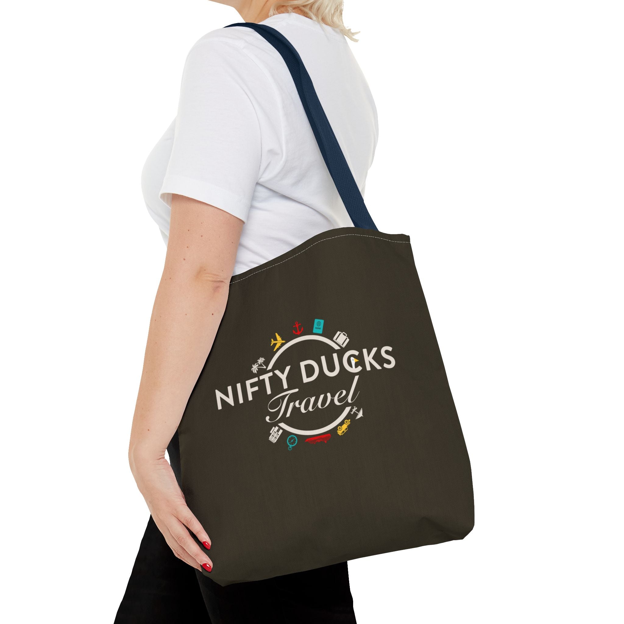 Nifty Ducks Travel Logo - Travel Tote Bag - Signature Brown Background - Beach & Weekend Carryall