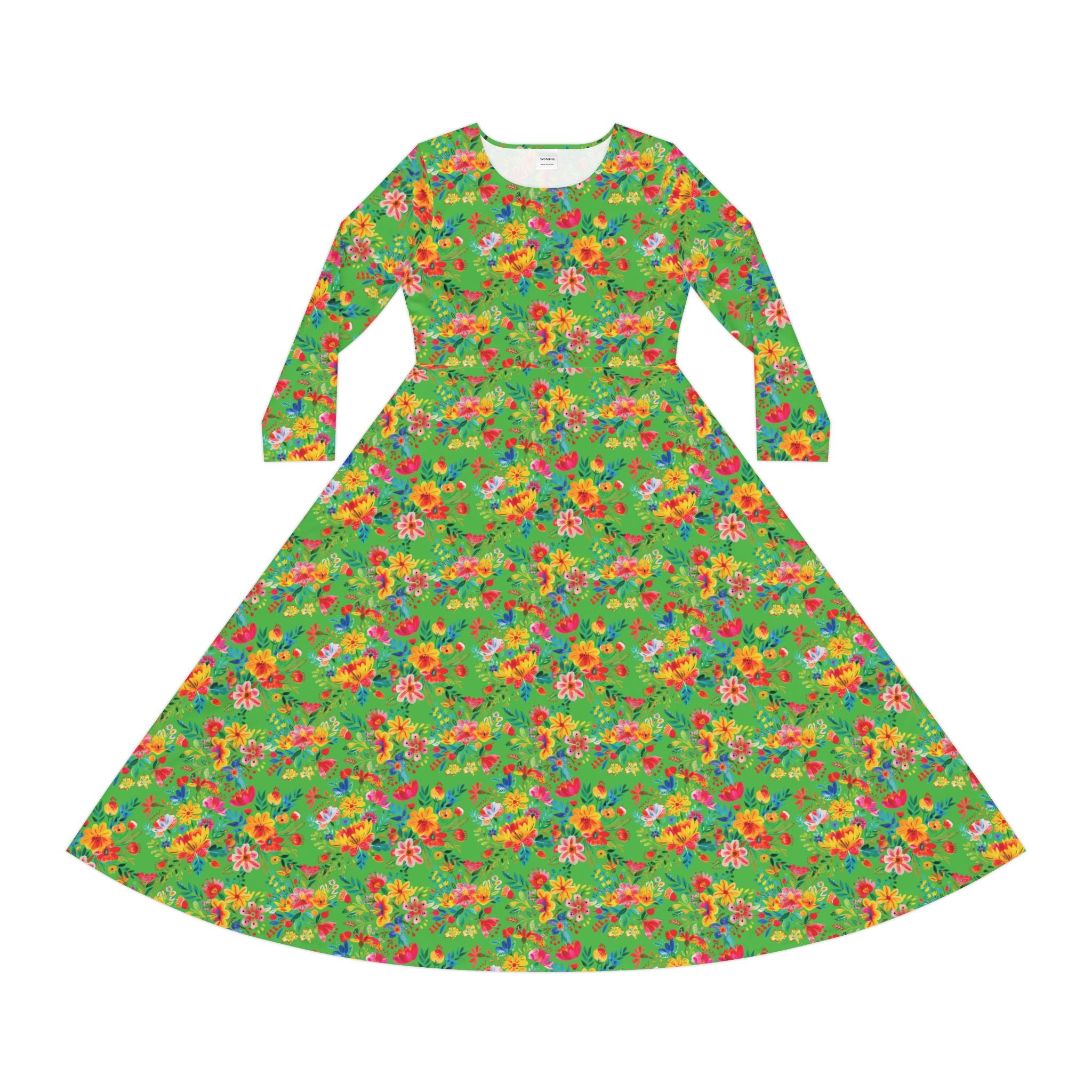 Elegant Women's Long Sleeve Dance Dress - Bright Bold Watercolors Flowers - Lime Green