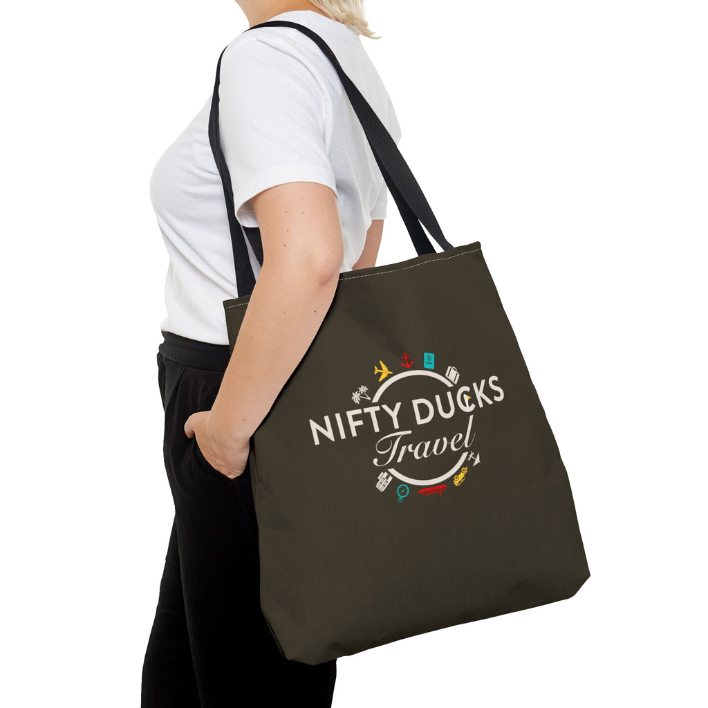 Nifty Ducks Travel Logo - Travel Tote Bag - Signature Brown Background - Beach & Weekend Carryall
