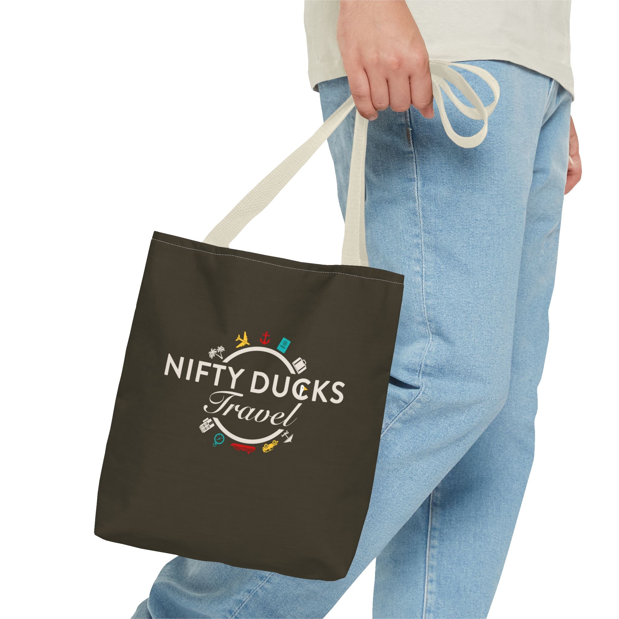 Nifty Ducks Travel Logo - Travel Tote Bag - Signature Brown Background - Beach & Weekend Carryall