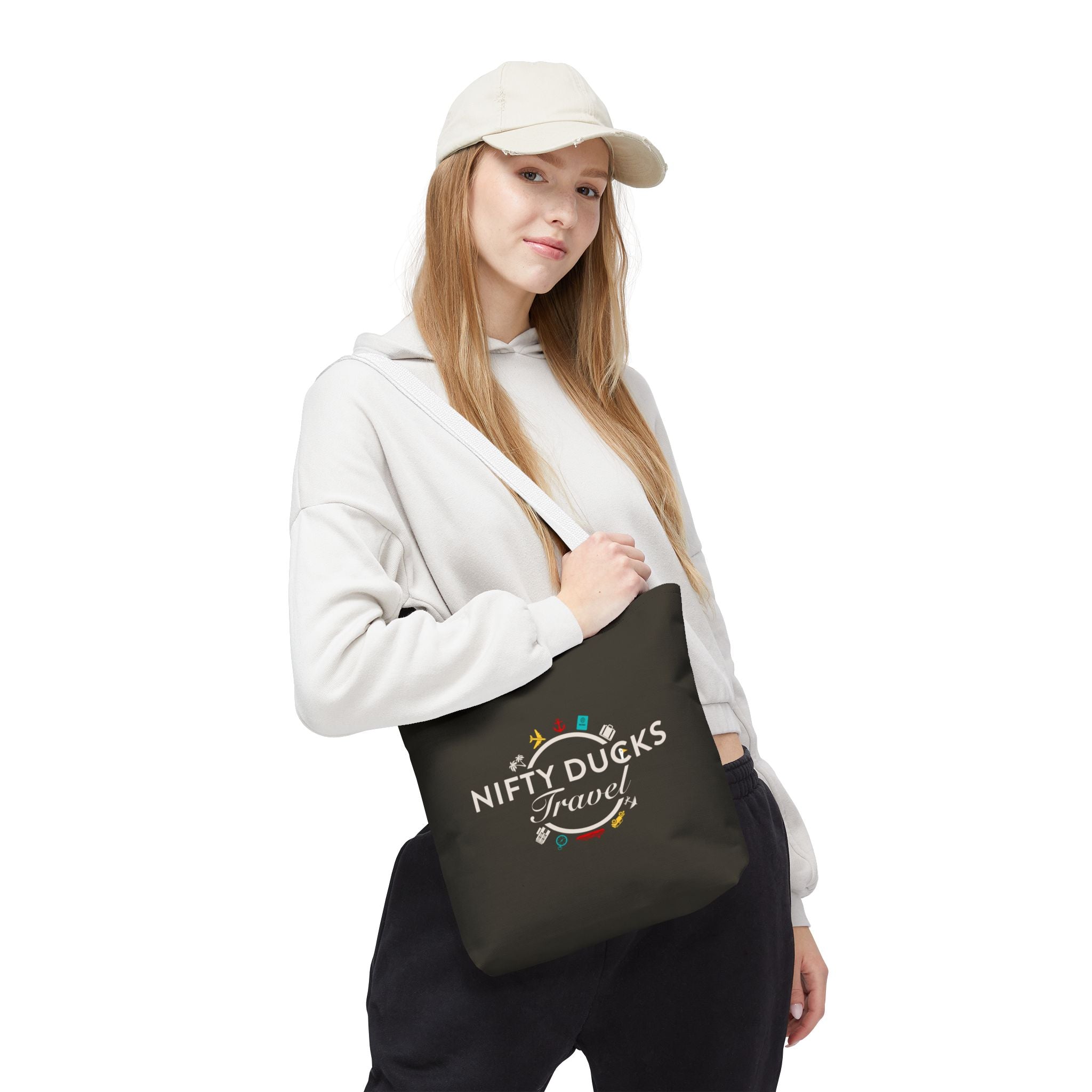 Nifty Ducks Travel Logo - Travel Tote Bag - Signature Brown Background - Beach & Weekend Carryall