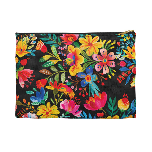 Bright Watercolor Flowers Accessory Pouch - Perfect for Adventurers & Travelers - Black