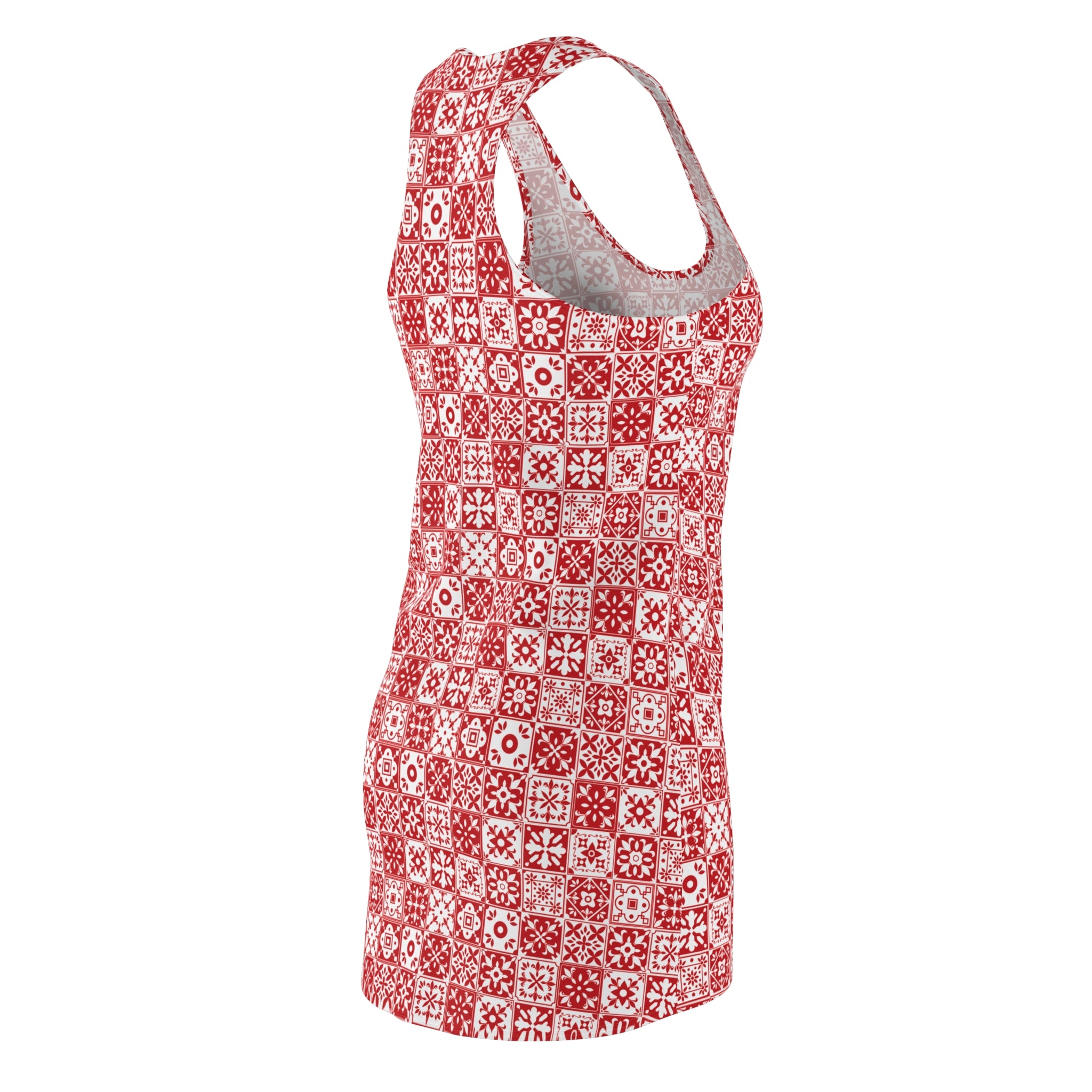 Mediterraneo Mosaic - Red - Small Print -  Racerback Dress for Summer Fun, Beach Wear, Vacation Style, Party Outfit, Ladies Sundress