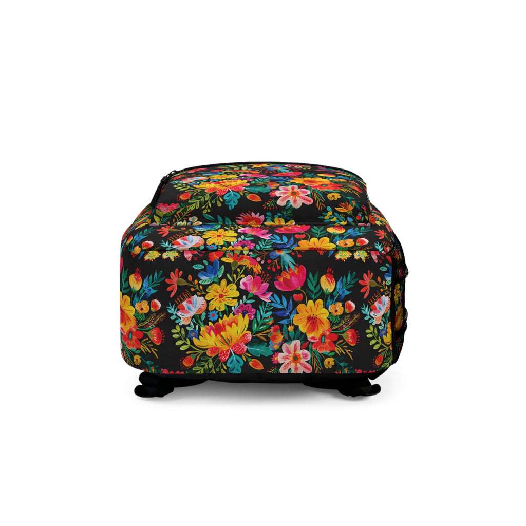 Bright Watercolor Flowers Backpack - Travel Bag with Black Duck Design - Black