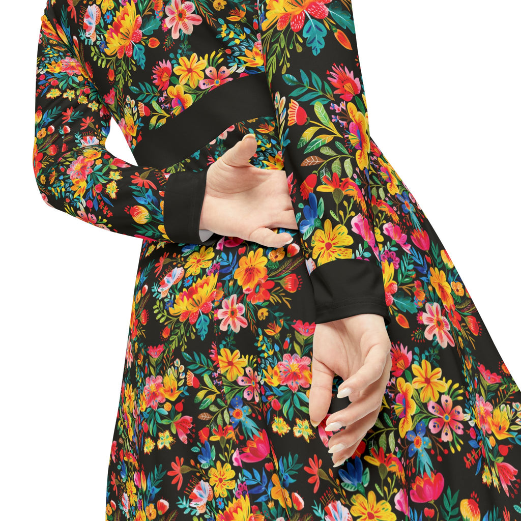 Elegant Women's Long Sleeve Dance Dress - Bright Bold Watercolors Flowers - Signature Brown