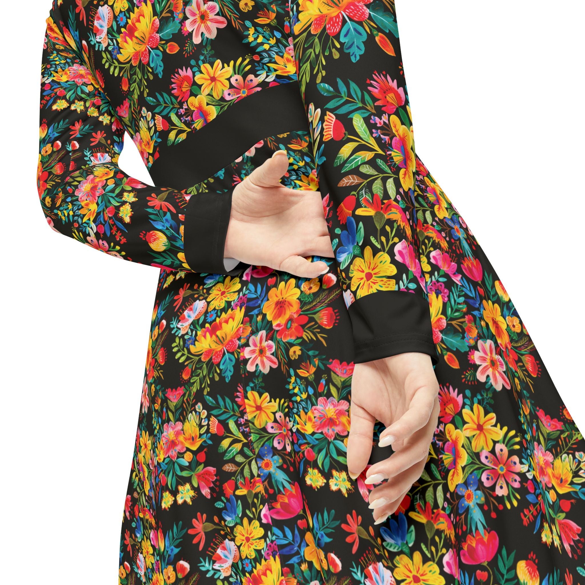 Elegant Women's Long Sleeve Dance Dress - Bright Bold Watercolors Flowers - Signature Brown