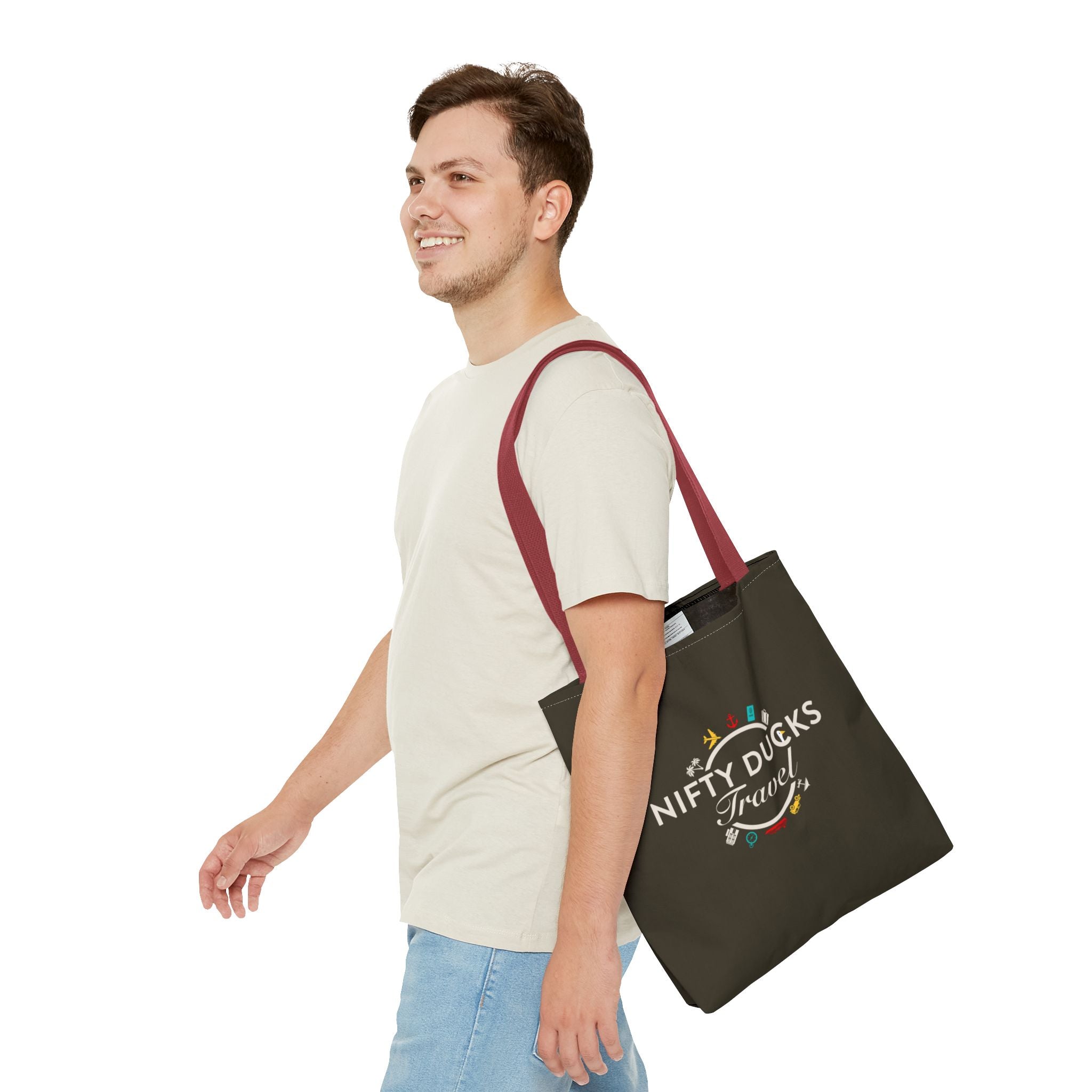 Nifty Ducks Travel Logo - Travel Tote Bag - Signature Brown Background - Beach & Weekend Carryall