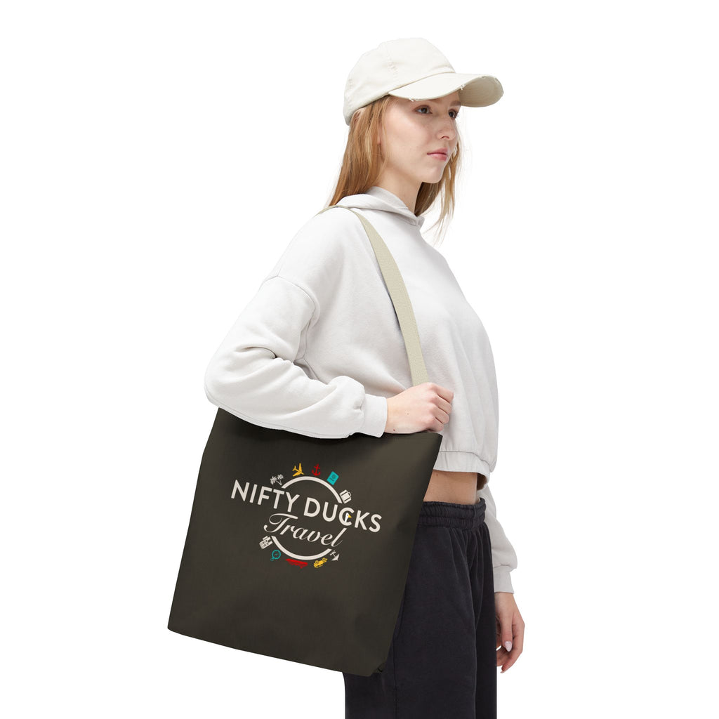 Nifty Ducks Travel Logo - Travel Tote Bag - Signature Brown Background - Beach & Weekend Carryall
