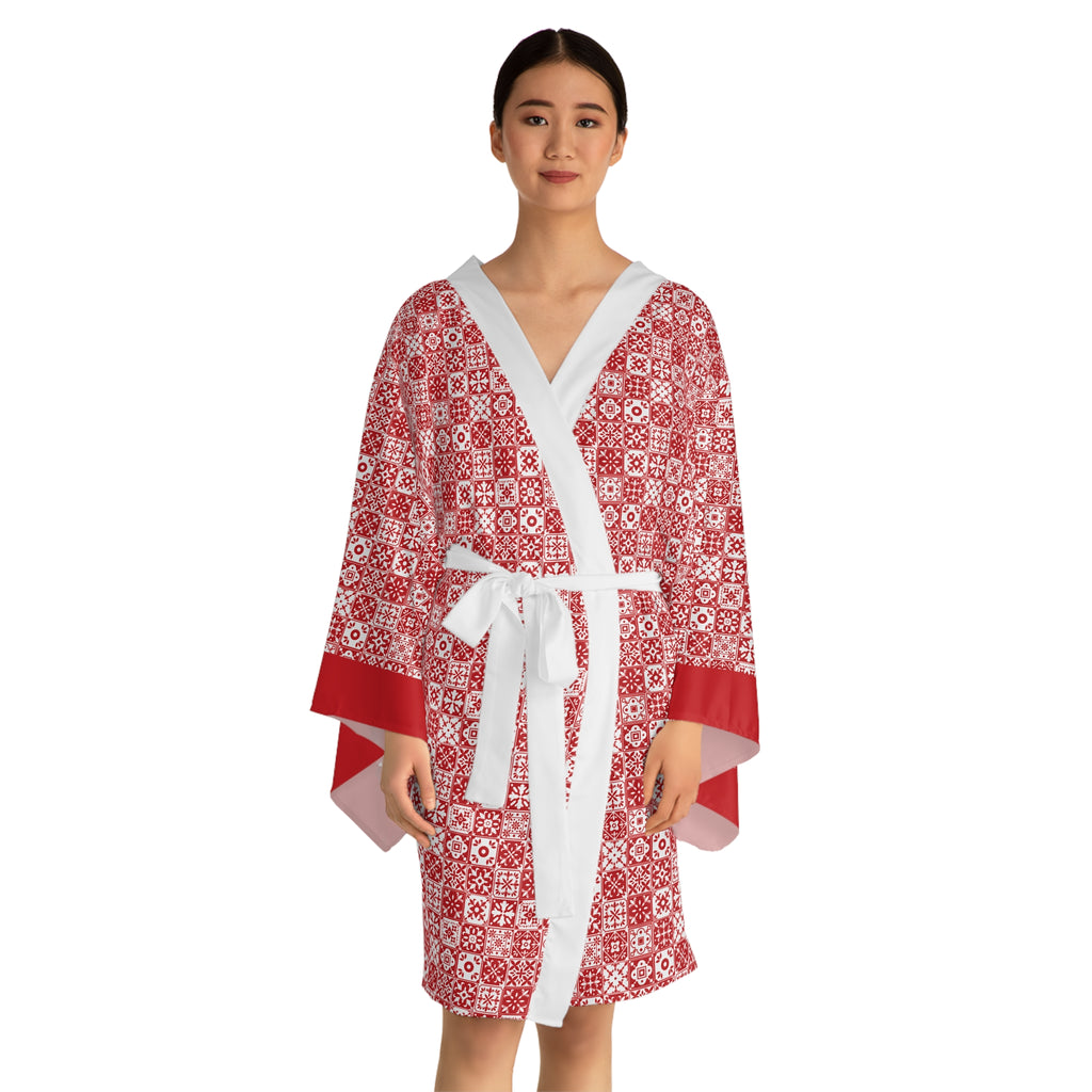 Mediterraneo Mosaic - Red - Small Print - Long Sleeve Kimono Robe - Chic Loungewear, Spa Outfit, Gift for Her, Inner Peace, Home Comfort