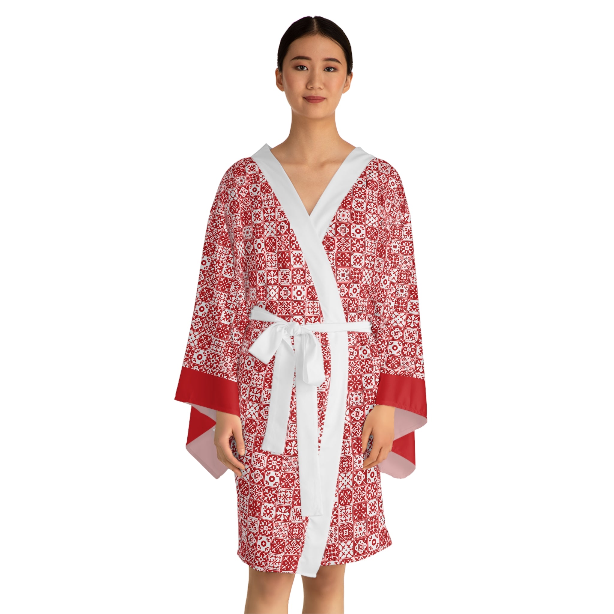 Mediterraneo Mosaic - Red - Small Print - Long Sleeve Kimono Robe - Chic Loungewear, Spa Outfit, Gift for Her, Inner Peace, Home Comfort