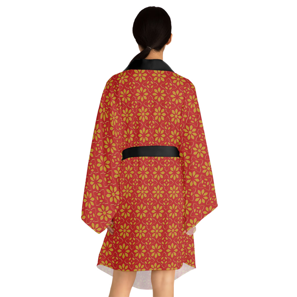 Florina - Big print - Long Sleeve Kimono Robe - Scarlet - Gold - Chic Loungewear, Spa Outfit, Gift for Her, Inner Peace, Home Comfort