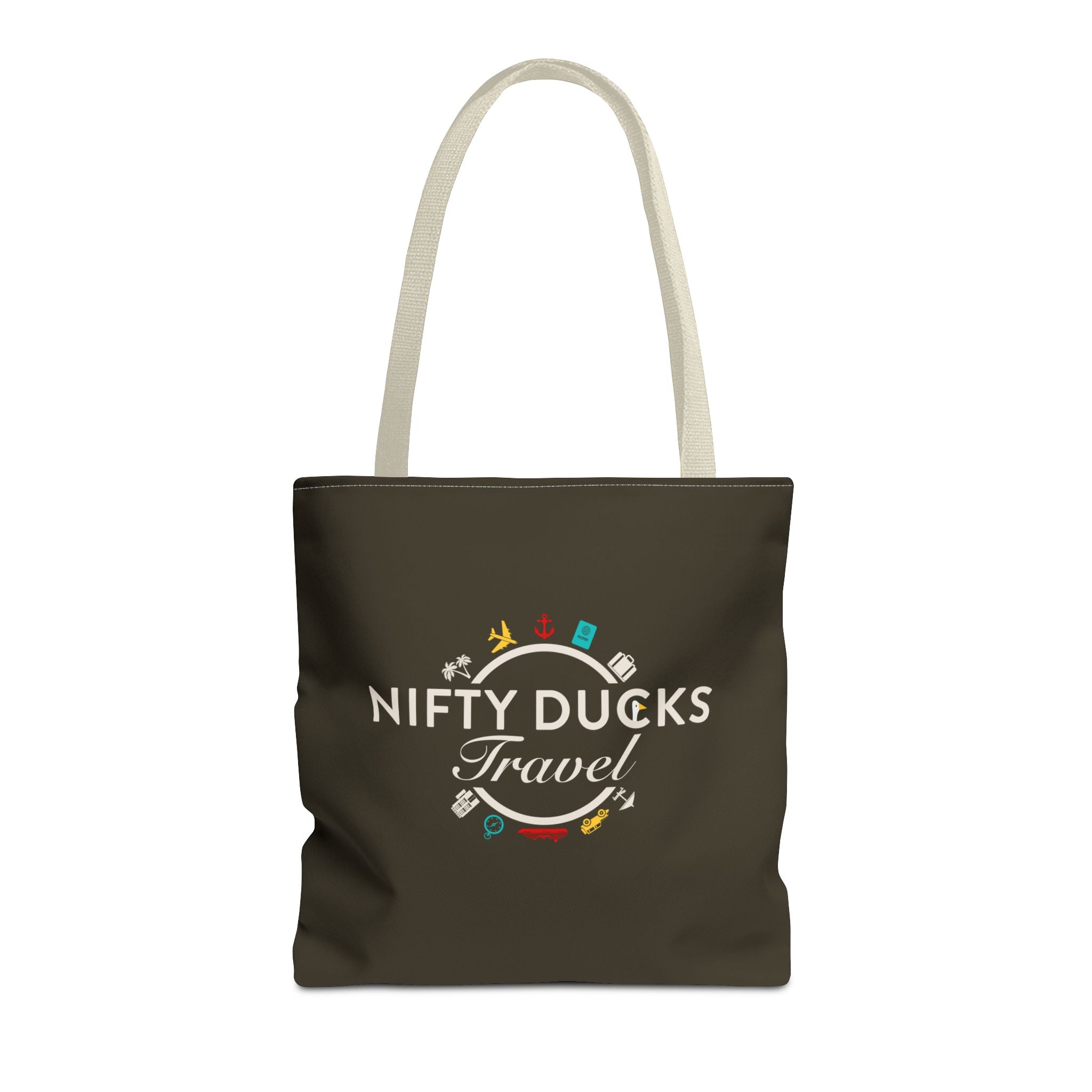 Nifty Ducks Travel Logo - Travel Tote Bag - Signature Brown Background - Beach & Weekend Carryall