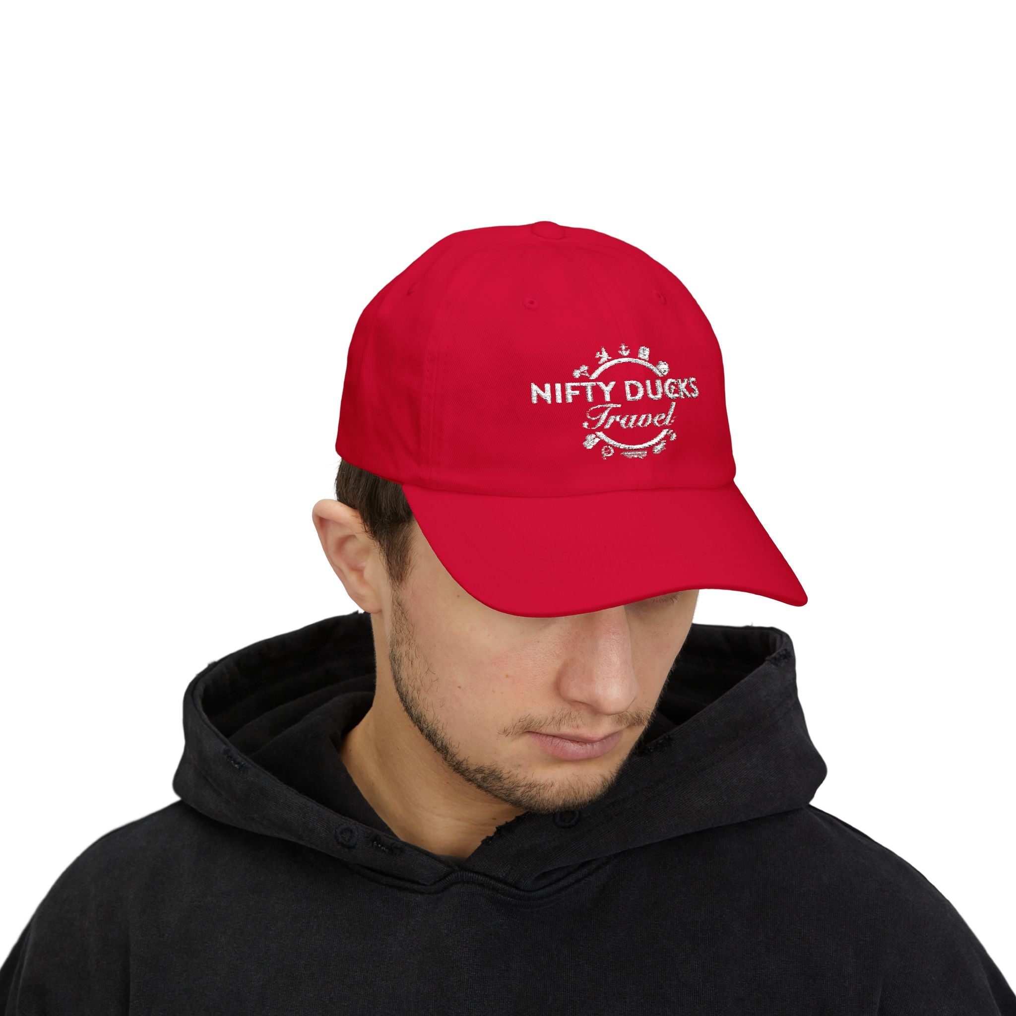 Nifty Ducks Travel Logo Classic Dad Cap - White Logo - Perfect for Adventurers