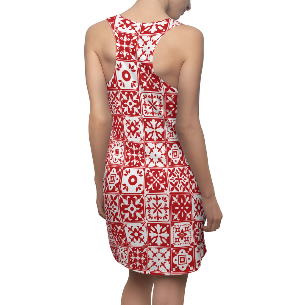 Mediterraneo Mosaic - Red - Big Print -  Racerback Dress for Summer Fun, Beach Wear, Vacation Style, Party Outfit, Ladies Sundress
