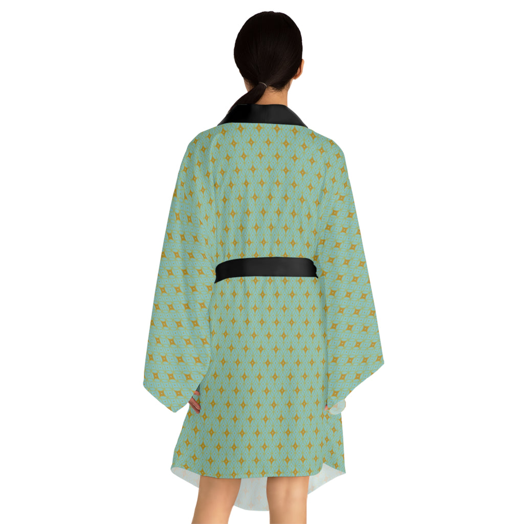Virella - Long Sleeve Kimono Robe -Electric Blue - Gold - Chic Loungewear, Spa Outfit, Gift for Her, Inner Peace, Home Comfort
