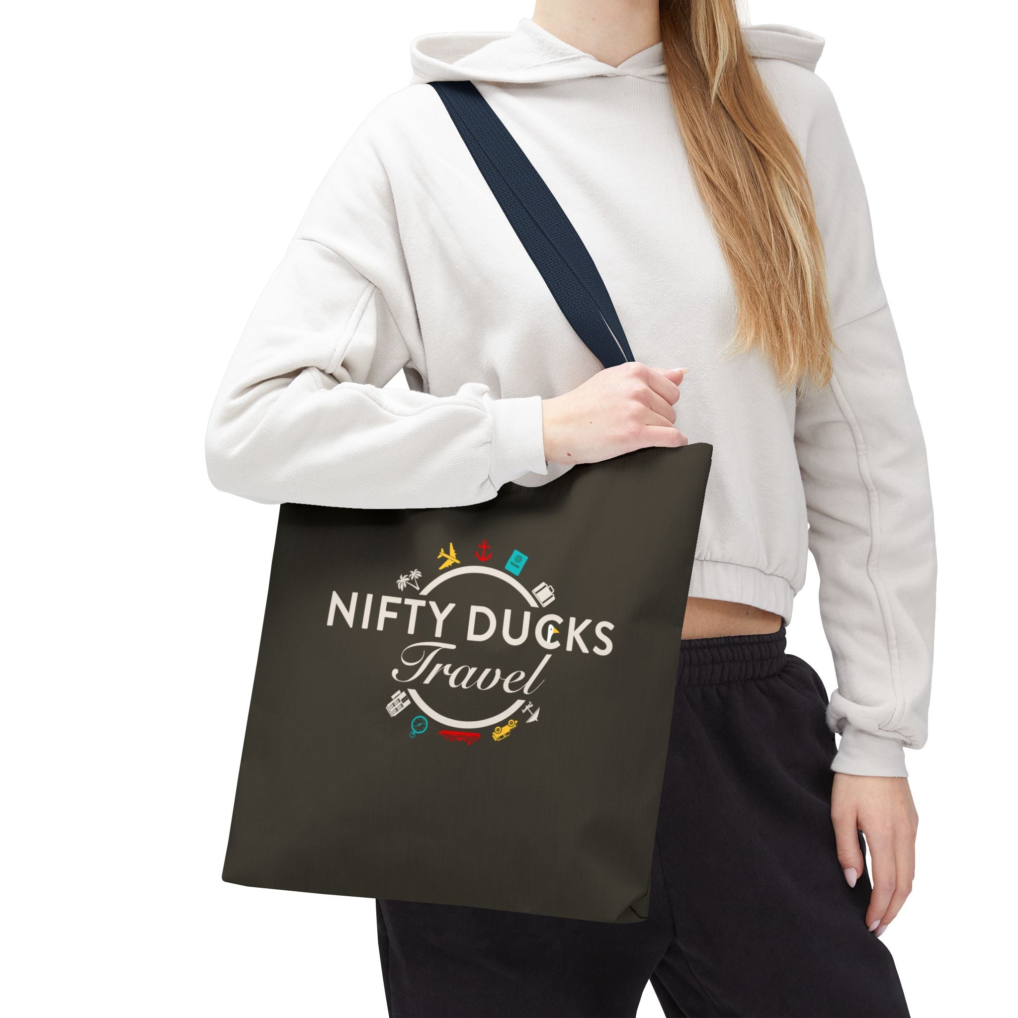Nifty Ducks Travel Logo - Travel Tote Bag - Signature Brown Background - Beach & Weekend Carryall