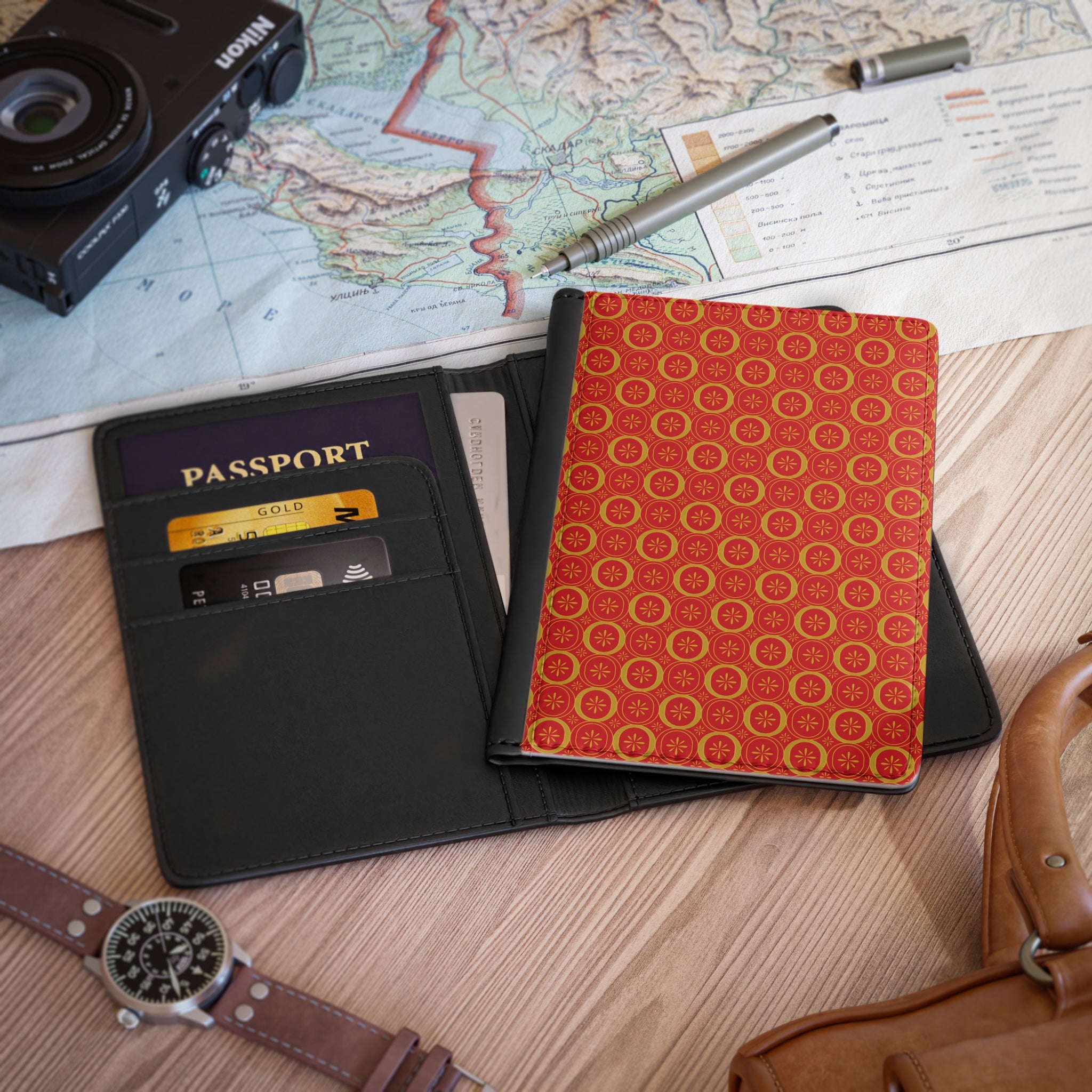 Solaris - Scarlet - Gold - Passport Cover | Travel Accessory, Gift for Jet setters, Unique Travel Journal, Vacation Must-Have, Gift for Travelers