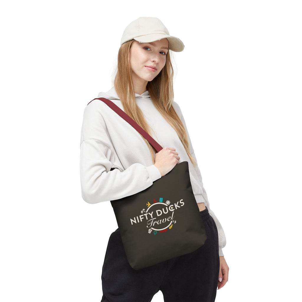 Nifty Ducks Travel Logo - Travel Tote Bag - Signature Brown Background - Beach & Weekend Carryall