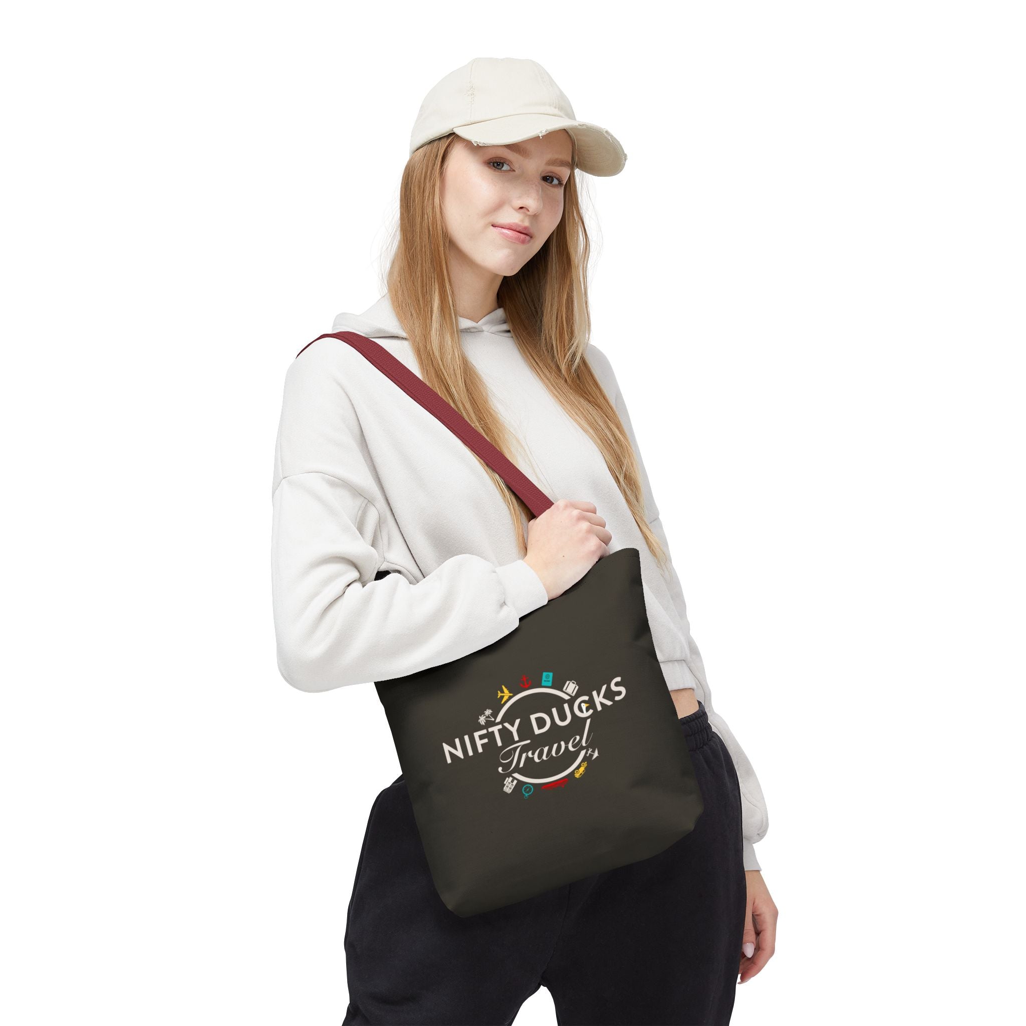 Nifty Ducks Travel Logo - Travel Tote Bag - Signature Brown Background - Beach & Weekend Carryall