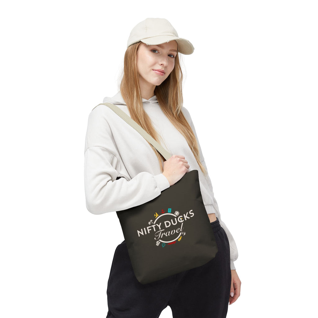 Nifty Ducks Travel Logo - Travel Tote Bag - Signature Brown Background - Beach & Weekend Carryall