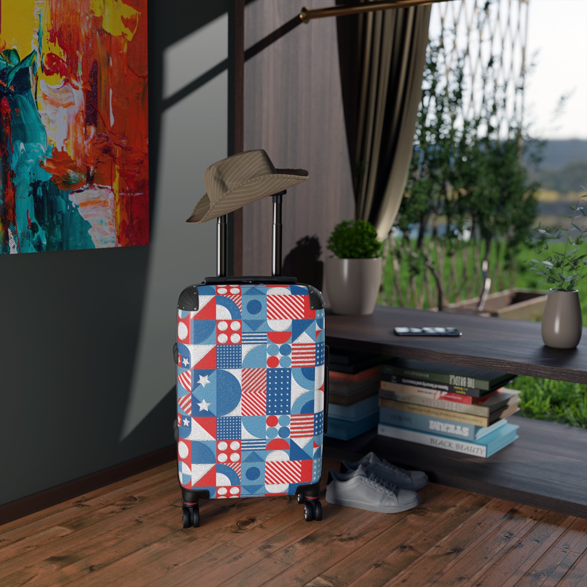 Red White and Blue Geometric Pattern - Stylish Luggage - Suitcase for Adventurers - Blue