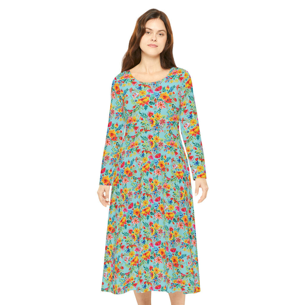 Elegant Women's Long Sleeve Dance Dress - Bright Bold Watercolors Flowers - Electric Blue