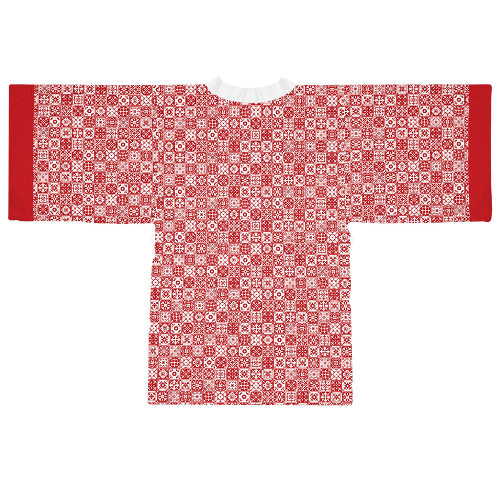 Mediterraneo Mosaic - Red - Small Print - Long Sleeve Kimono Robe - Chic Loungewear, Spa Outfit, Gift for Her, Inner Peace, Home Comfort