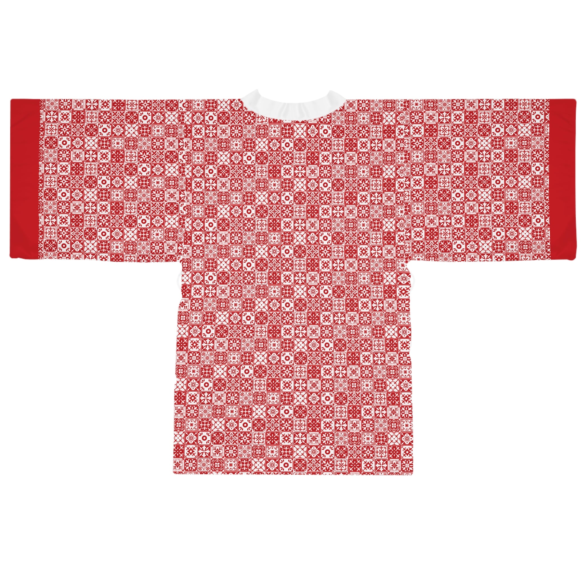 Mediterraneo Mosaic - Red - Small Print - Long Sleeve Kimono Robe - Chic Loungewear, Spa Outfit, Gift for Her, Inner Peace, Home Comfort