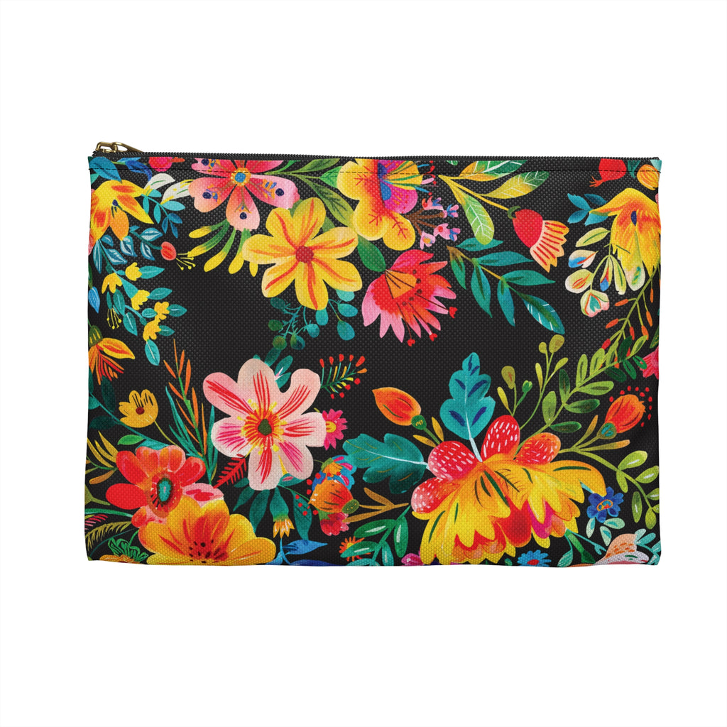 Bright Watercolor Flowers Accessory Pouch - Perfect for Adventurers & Travelers - Black